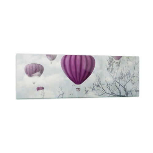 Impression sur verre - Image sur verre - Des ballons violets flottant au-dessus des arbres dans les nuages - 160x50cm - Comme des navires dans le ciel - Décoration murale moderne pour le salon et la chambre ARTTOR