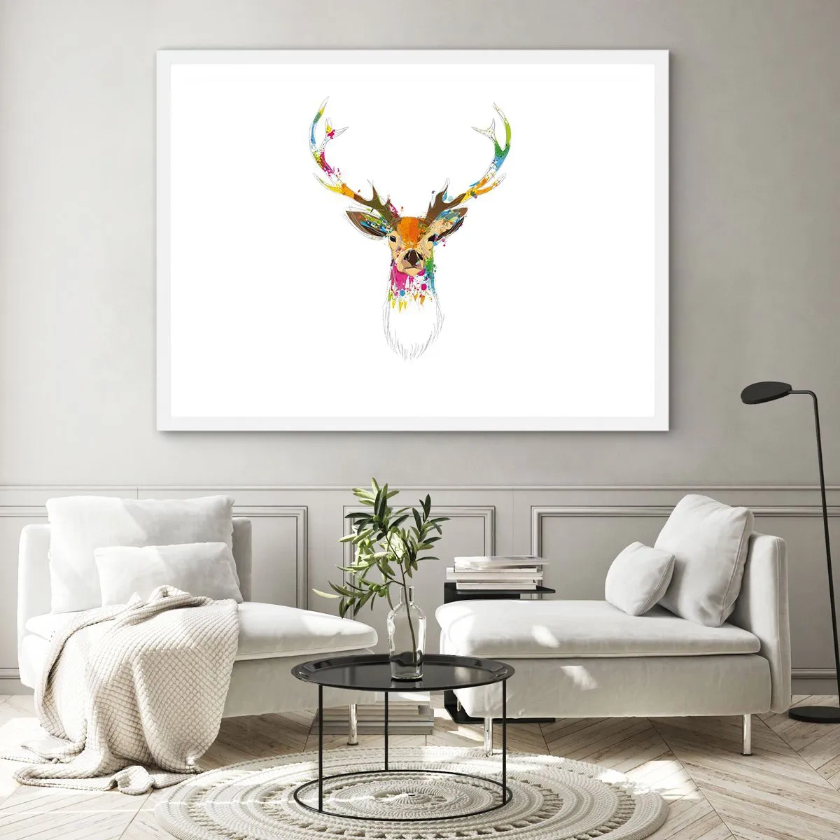 Affiche dans un cadre blanc - Poster - Un cerf doux baigné de couleur - 70x50 cm