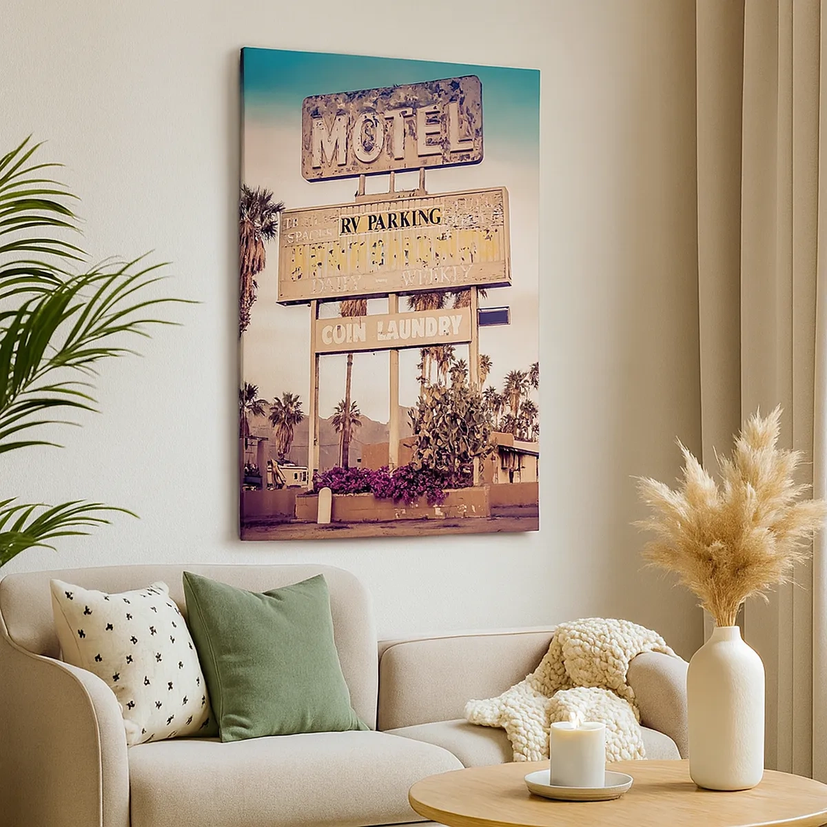 Impression sur toile - Image sur toile - Panneau de motel rétro entouré de palmiers - 50x70cm - Ici, le temps s'est arrêté - Décoration murale moderne pour le salon et la chambre ARTTOR