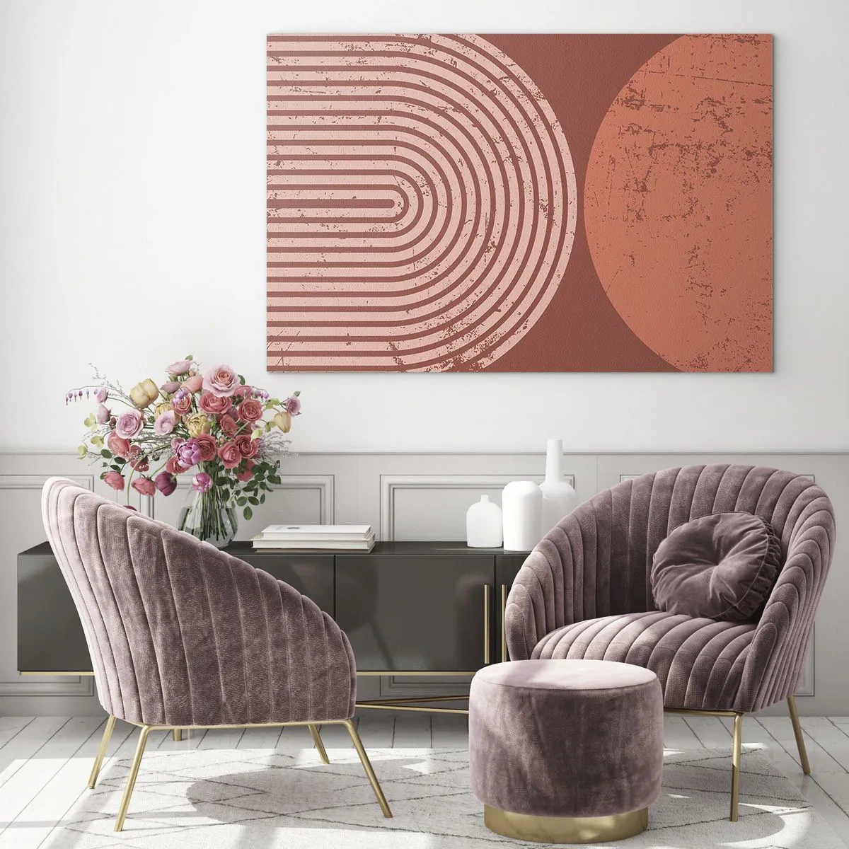 Impression sur verre - Image sur verre - Graphique géométrique de couleur rouille avec un demi-cercle et un cercle - 120x80cm - Une relation proche - Décoration murale moderne pour le salon et la chambre ARTTOR