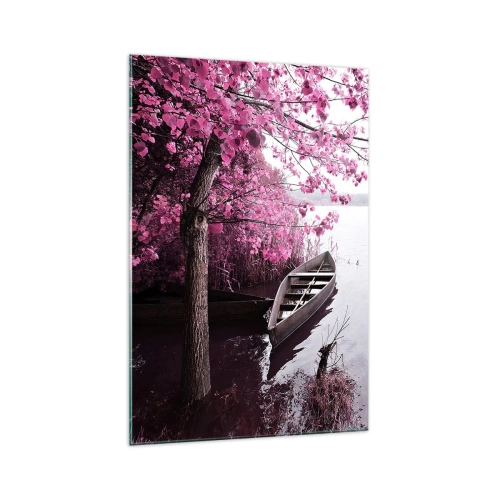 Impression sur verre - Image sur verre - Un bateau au bord d'un lac parmi des arbres roses - 70x100cm - Dans un silence rose - Décoration murale moderne pour le salon et la chambre ARTTOR