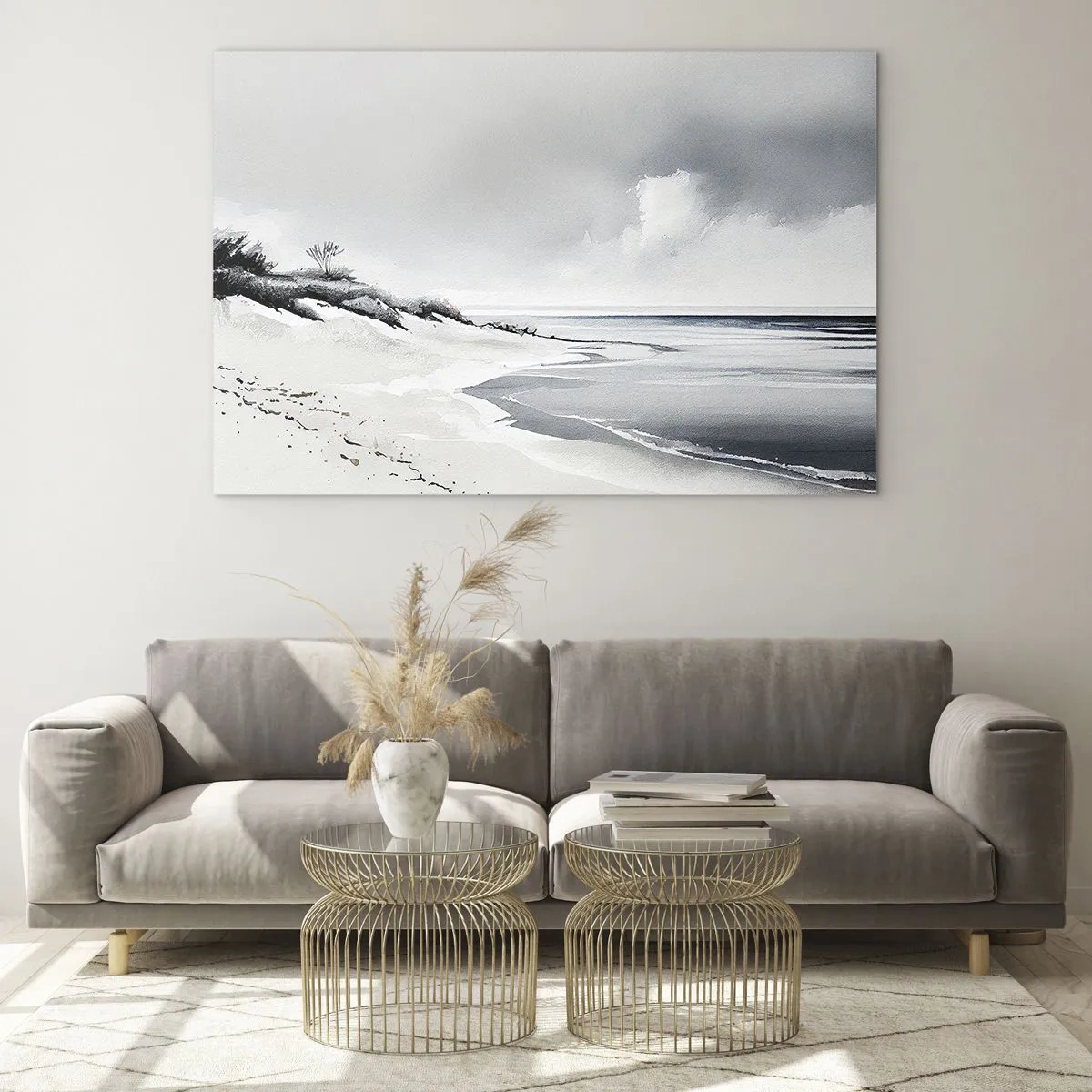 Impression sur verre - Image sur verre - Plage noire et blanche avec horizon et mer calme - 100x70cm - Ensemble depuis toujours - Décoration murale moderne pour le salon et la chambre ARTTOR