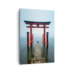 Impression sur toile - Image sur toile - Un portail torii surplombant un lac tranquille au Japon - 70x100cm - Rêverie japonnaise - Décoration murale moderne pour le salon et la chambre ARTTOR
