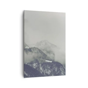 Impression sur toile - Image sur toile - Une vallée de montagne enveloppée de brume dans des nuances de gris - 70x100cm - Vallée brumeuse - Décoration murale moderne pour le salon et la chambre ARTTOR