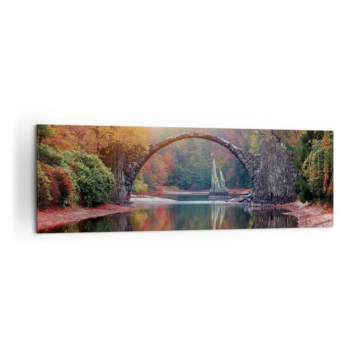 Impression sur toile - Image sur toile - Un pont de pierre dans un paysage d'automne sur une eau calme - 160x50cm - De l'autre cote du miroir - Décoration murale moderne pour le salon et la chambre ARTTOR