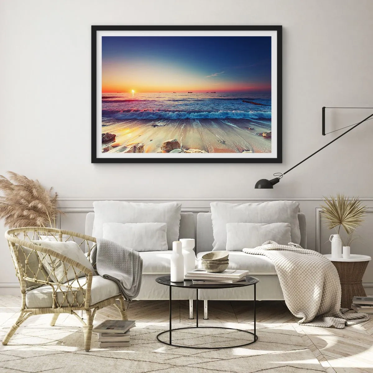 Affiche dans un cadre noir - Poster - Coucher de soleil sur une mer calme avec des vagues - 70x50cm - Mais quel horizon ? - Décoration murale moderne pour le salon et la chambre ARTTOR