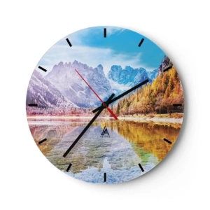 Horloge murale - Pendule murale - Un paysage de montagne avec une forêt d'automne se reflétant à la surface du lac - 30x30cm - C'est déjà le printemps à la montagne - Décoration murale moderne pour le salon, la cuisine et la chambre ARTTOR
