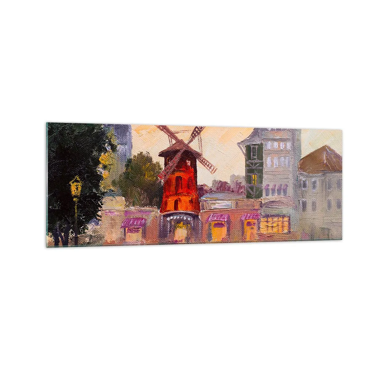 Impression sur verre - Image sur verre - Le moulin à vent rouge du Moulin Rouge entouré par le paysage urbain - 140x50cm - Icones parisiennes – le Moulin rouge - Décoration murale moderne pour le salon et la chambre ARTTOR