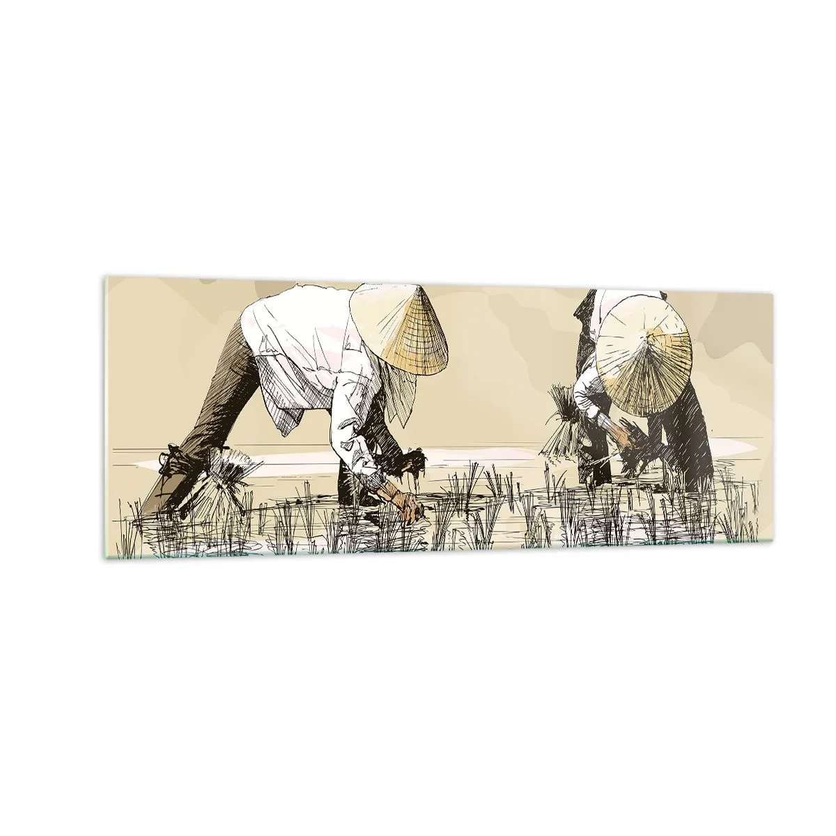 Impression sur verre - Image sur verre - Des agriculteurs travaillant dans une rizière portant des coiffures traditionnelles - 140x50cm - Récolte réussie - Décoration murale moderne pour le salon et la chambre ARTTOR