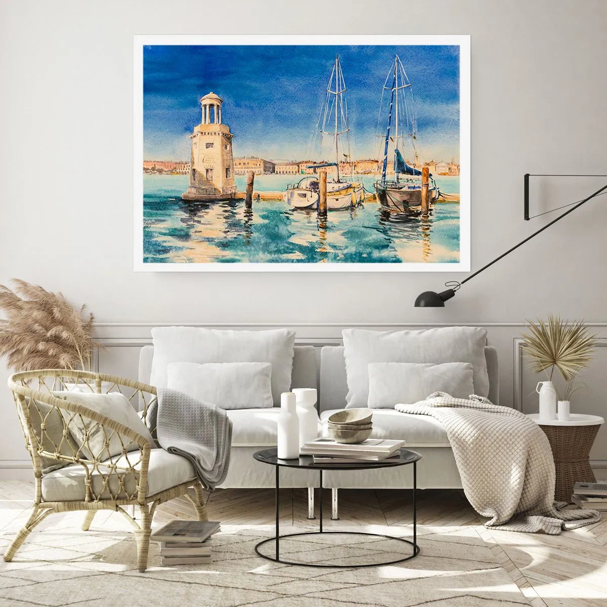 Affiche - Poster - Marina avec bateaux sur fond de lagon bleu - 100x70cm - Lagune ensoleillée - Décoration murale moderne pour le salon et la chambre ARTTOR