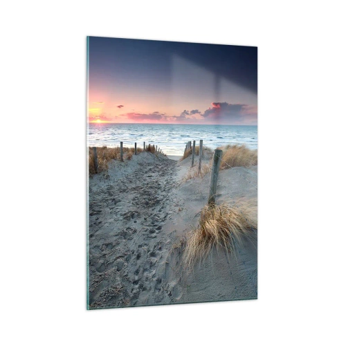 Impression sur verre - Image sur verre - Chemin à travers les dunes menant à la mer au coucher du soleil - 50x70cm - Tu as versé l'éclat de l'arc-en-ciel sur les flots - Décoration murale moderne pour le salon et la chambre ARTTOR