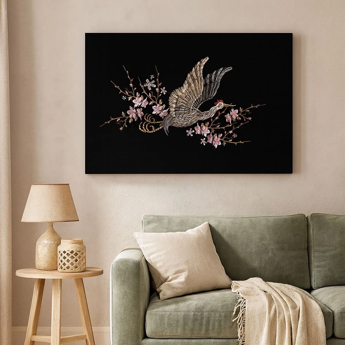Impression sur toile - Image sur toile - Un oiseau en vol avec des fleurs sur fond noir - 70x50cm - Oiseau brodé exotique - Décoration murale moderne pour le salon et la chambre ARTTOR