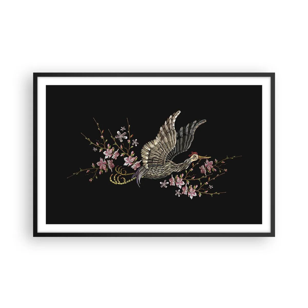 Affiche dans un cadre noir - Poster - Oiseau brodé exotique - 91x61 cm