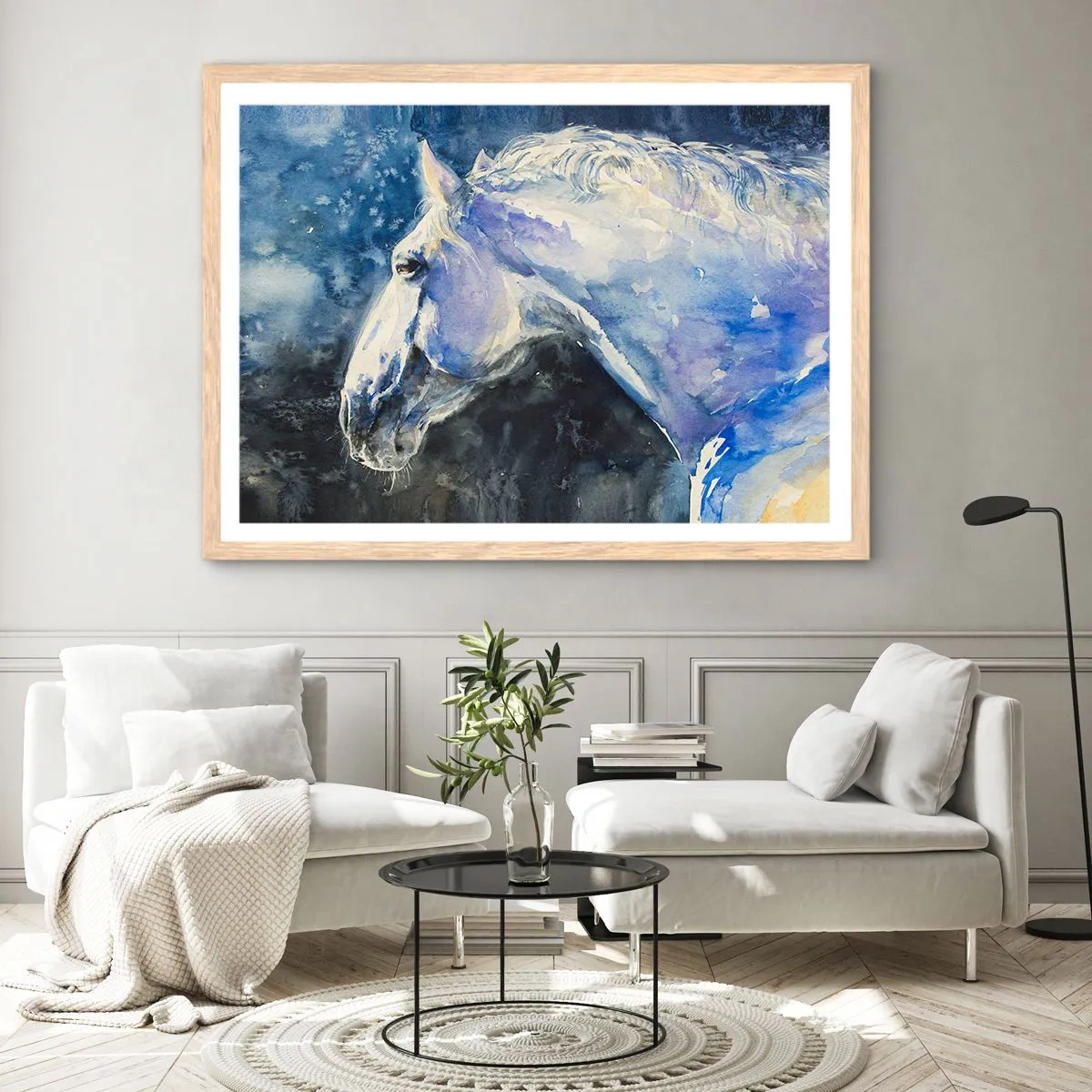 Affiche dans un chêne clair - Poster - Portrait dans une lueur azur - 70x50 cm