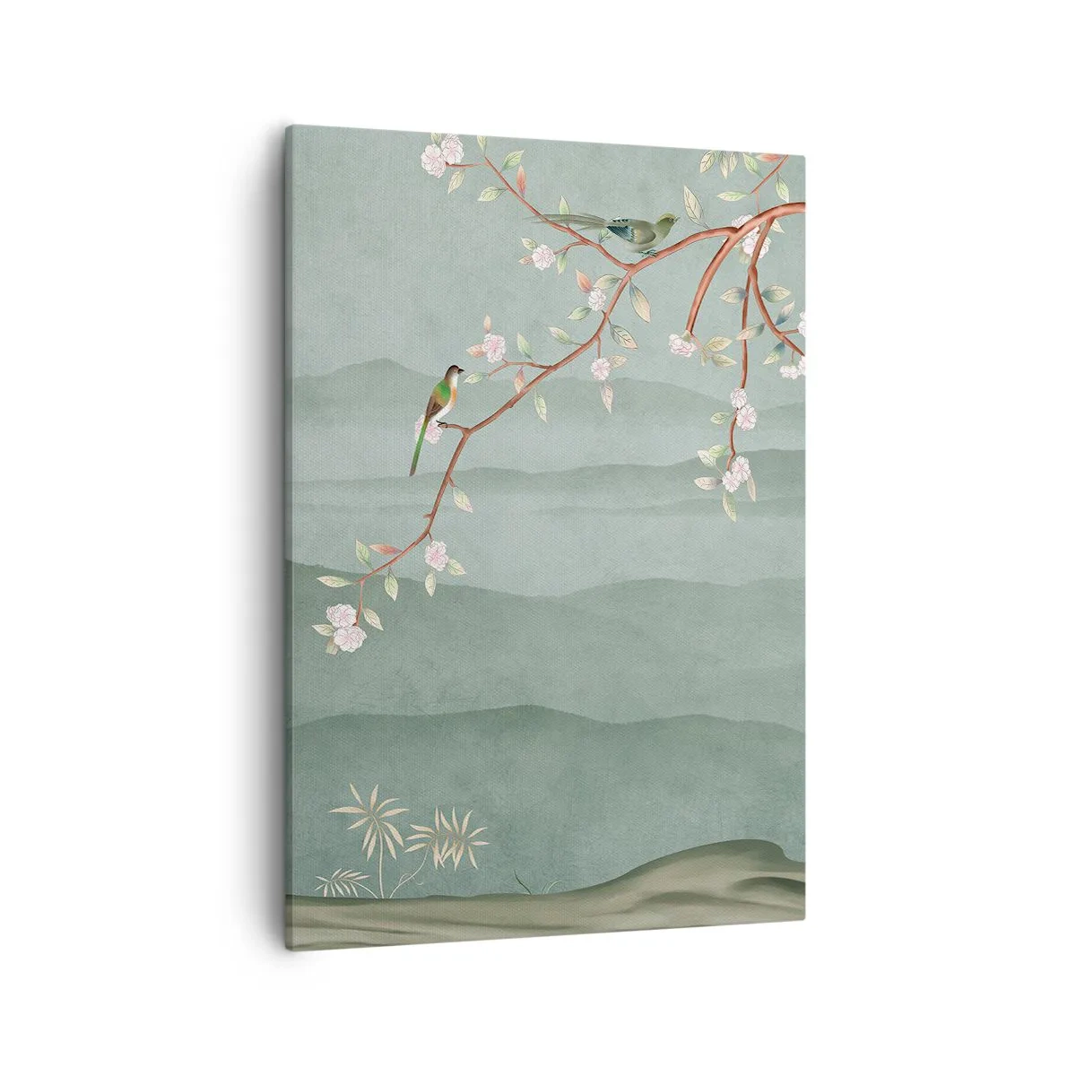 Impression sur toile - Image sur toile - Une image pittoresque d'une branche d'arbre en fleurs avec des oiseaux sur fond de collines verdoyantes. - 50x70cm - Printemps oh c'est toi - Décoration murale moderne pour le salon et la chambre ARTTOR