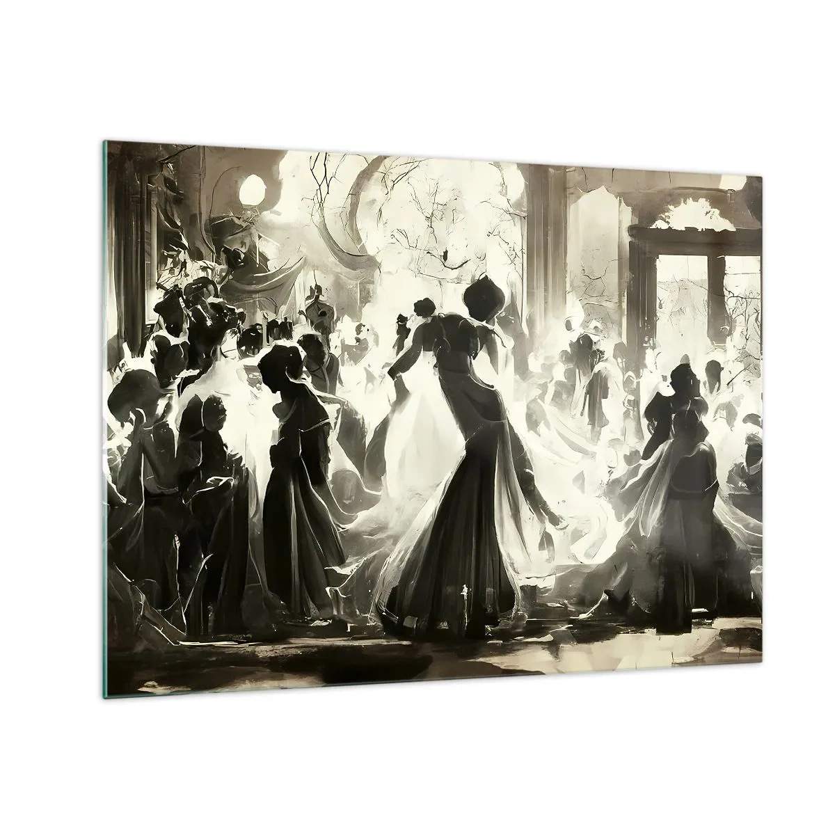 Impression sur verre - Image sur verre - Une scène de salle de bal de style rétro avec des personnages dansants - 70x50cm - La grande mascarade - Décoration murale moderne pour le salon et la chambre ARTTOR