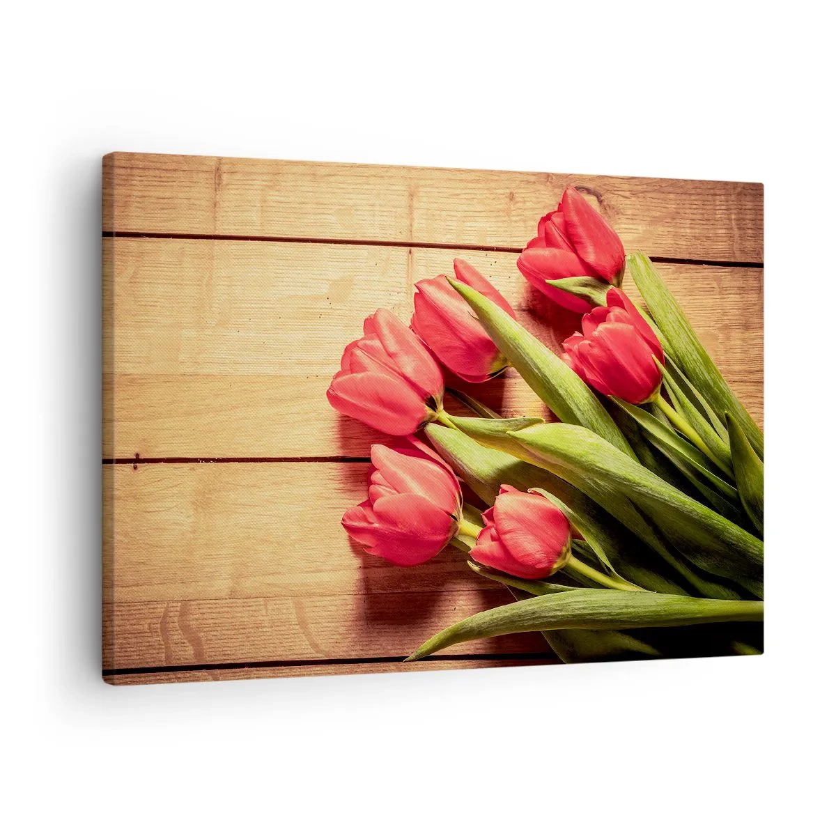 Impression sur toile - Image sur toile - Un bouquet de tulipes roses sur un fond en bois - 70x50cm - Défi du printemps - Décoration murale moderne pour le salon et la chambre ARTTOR