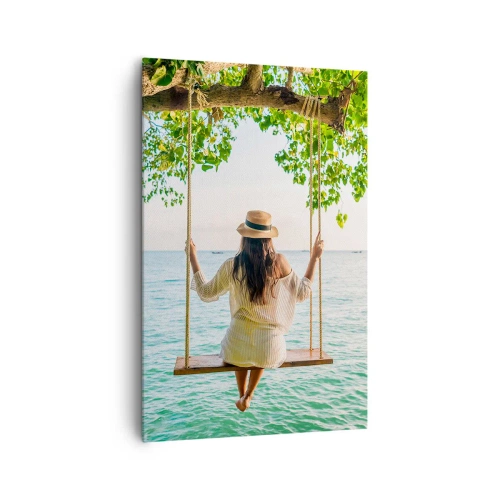 Impression sur toile - Image sur toile - Femme sur une balançoire au bord de la mer dans un paysage tropical - 80x120cm - La vie est belle - Décoration murale moderne pour le salon et la chambre ARTTOR