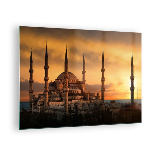 Impression sur verre - Image sur verre - La Mosquée Bleue sur fond de coucher de soleil - 70x50cm - Dieu est grand - Décoration murale moderne pour le salon et la chambre ARTTOR