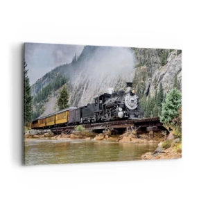 Impression sur toile - Image sur toile - Une locomotive à vapeur sur un pont dans un paysage de montagne pittoresque - 100x70cm - Et lui jusqu'où? Jusqu'où? - Décoration murale moderne pour le salon et la chambre ARTTOR