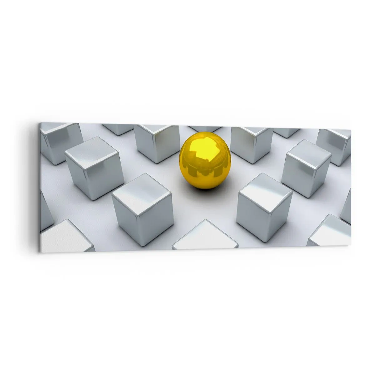 Impression sur toile - Image sur toile - Une sphère dorée se détachant parmi les cubes d'argent - 140x50cm - Pourquoi moi? Composition géométrique - Décoration murale moderne pour le salon et la chambre ARTTOR