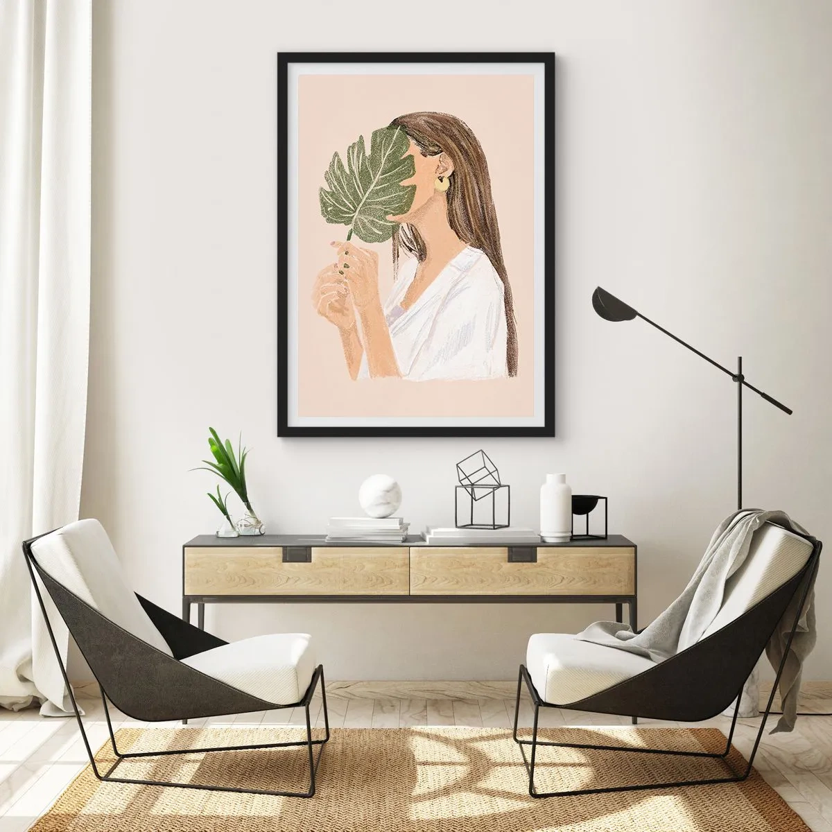 Affiche dans un cadre noir - Poster - Une femme se couvrant le visage avec une feuille de monstera. - 50x70cm - Portrait mystérieux avec un éventail - Décoration murale moderne pour le salon et la chambre ARTTOR