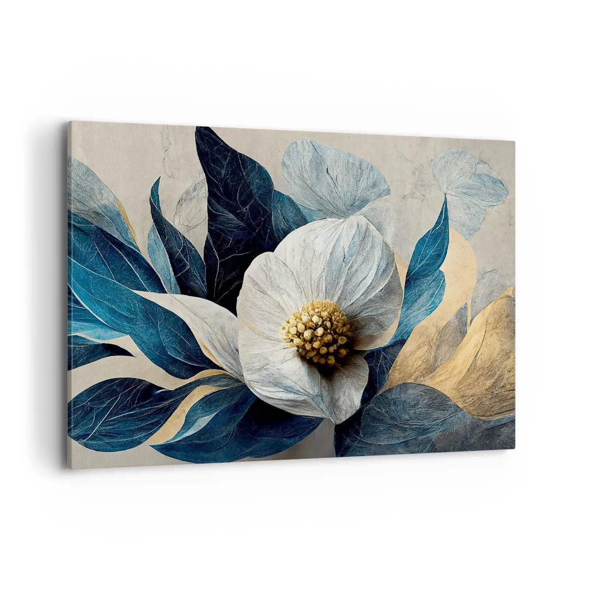 Impression sur toile - Image sur toile - Une fleur aux feuilles bleues sur un fond élégant - 100x70cm - Il a un coeur d'or - Décoration murale moderne pour le salon et la chambre ARTTOR