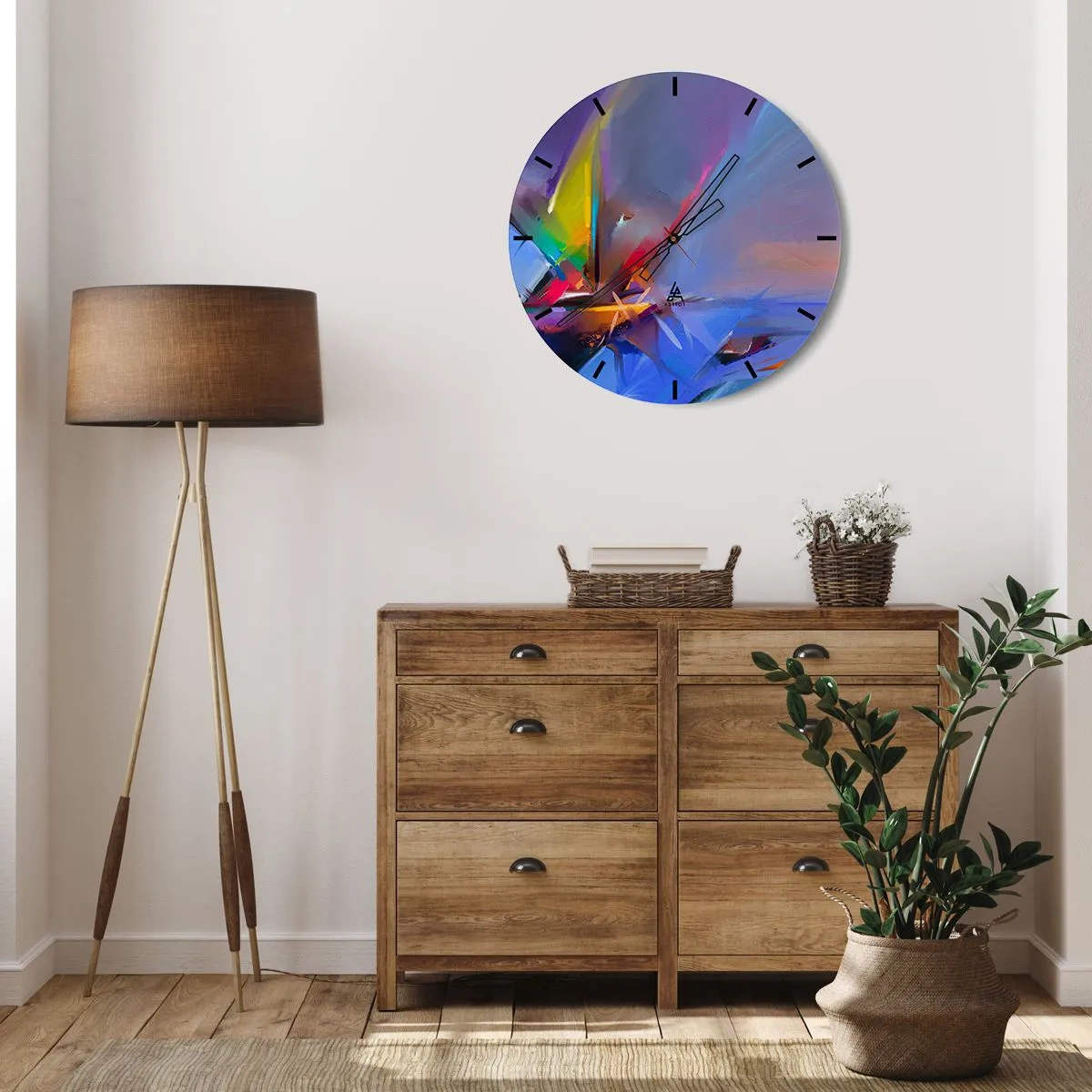 Horloge murale - Pendule murale - Un jeu abstrait de couleurs et de formes sur un fond bleu - 30x30cm - Hélices comme un oiseau - Décoration murale moderne pour le salon, la cuisine et la chambre ARTTOR