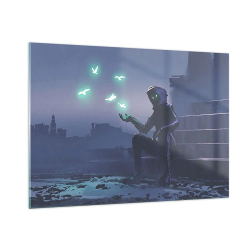 Impression sur verre - Image sur verre - Une silhouette dans le noir entourée d'oiseaux verts flottants - 100x70cm - La vie reviendra - Décoration murale moderne pour le salon et la chambre ARTTOR