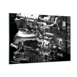 Impression sur verre - Image sur verre - Détails d'un moteur en métal sur fond noir - 100x70cm - Acier, beau, fort - Décoration murale moderne pour le salon et la chambre ARTTOR