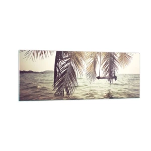 Impression sur verre - Image sur verre - Palmier avec une balançoire au-dessus de l'eau au soleil - 140x50cm - Vous pouvez vous balancer dans les nuages 