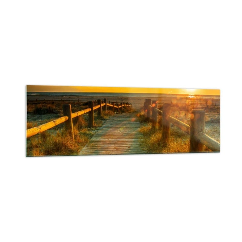 Impression sur verre - Image sur verre - Un chemin en bois menant à la plage à la lueur du soleil couchant - 160x50cm - Baigné dans le vieil or - Décoration murale moderne pour le salon et la chambre ARTTOR