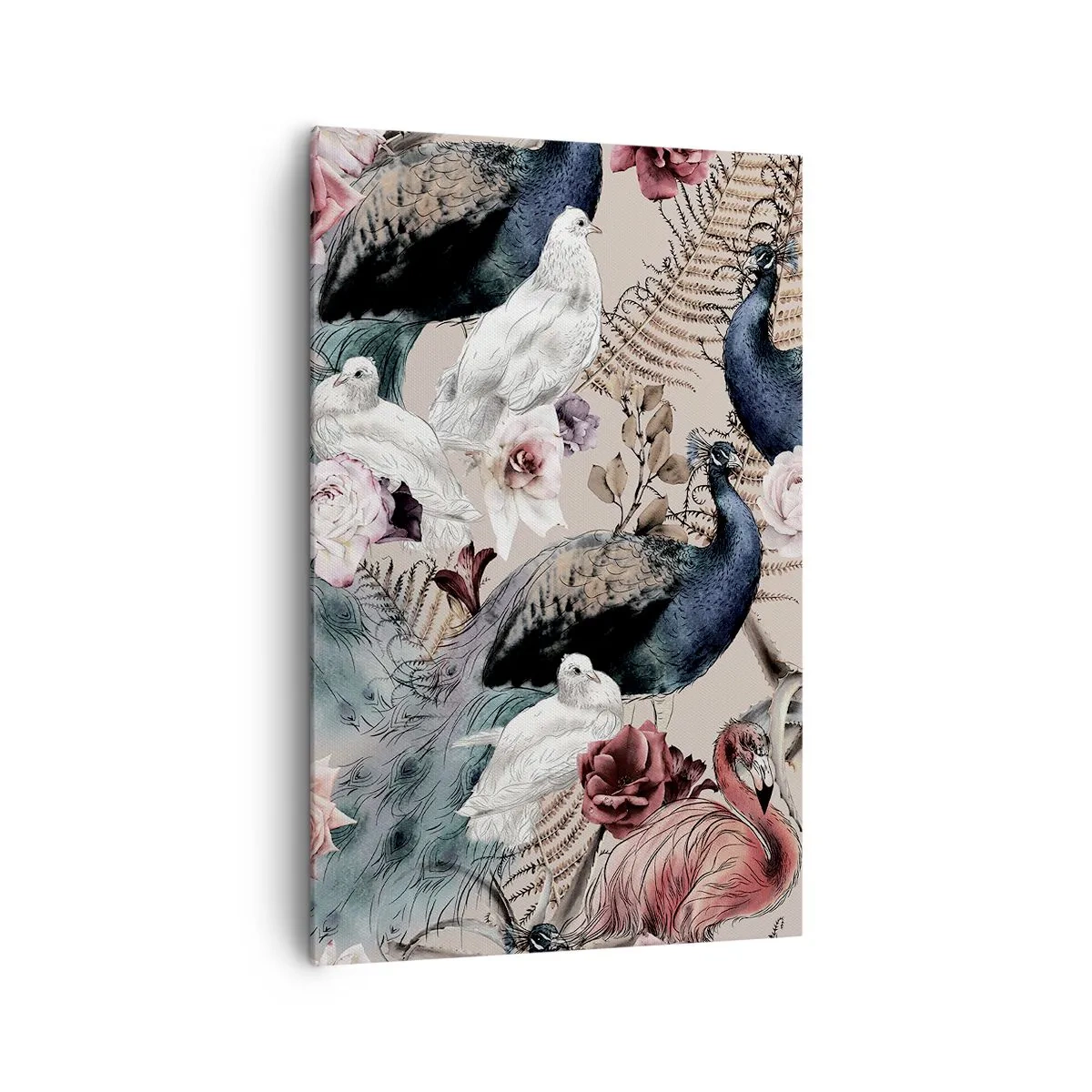 Impression sur toile - Image sur toile - Un paysage avec des plumes de paon, des roses et des oiseaux dans un style romantique. - 80x120cm - Dans un jardin de palace - Décoration murale moderne pour le salon et la chambre ARTTOR
