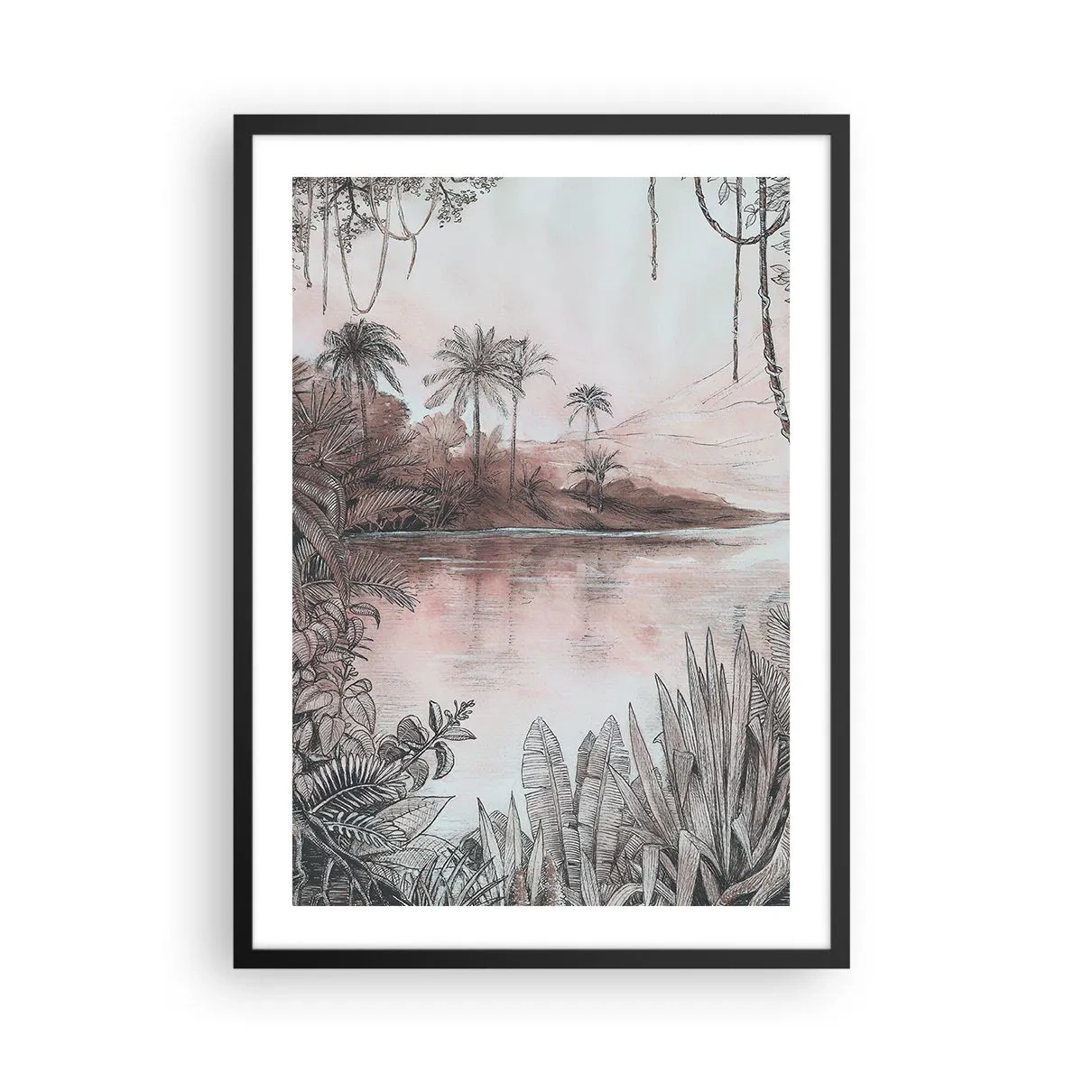 Affiche dans un cadre noir - Poster - Paysage exotique au bord de l'eau - 50x70cm - Journal d'un explorateur du XIXe siècle - Décoration murale moderne pour le salon et la chambre ARTTOR