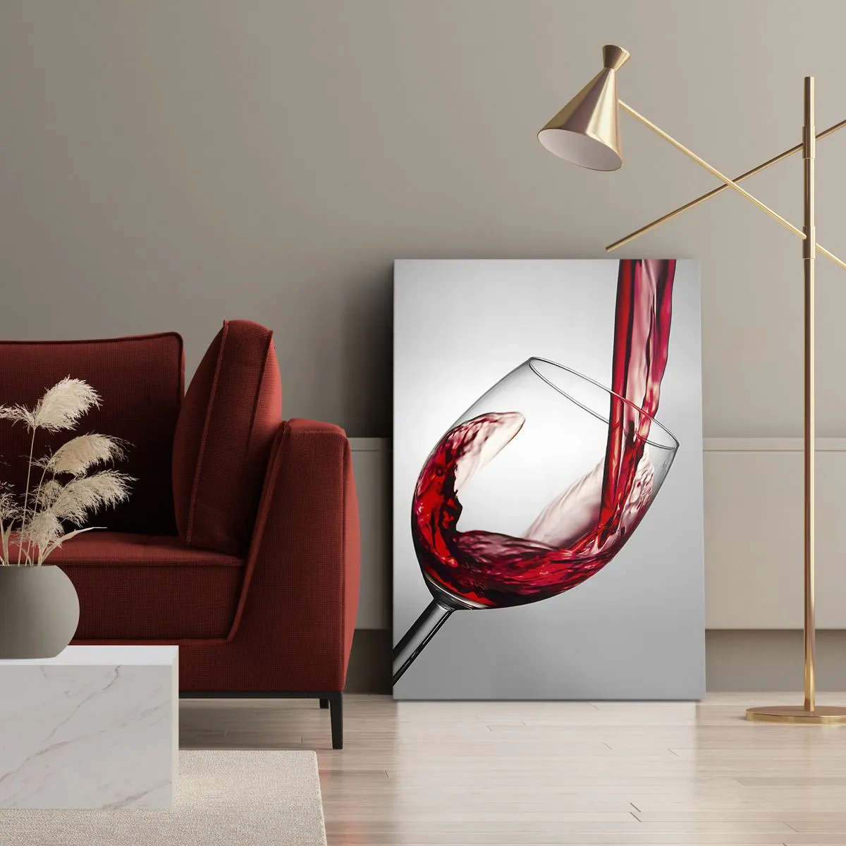 Impression sur toile - Image sur toile - Un verre de vin rouge versé sur un fond clair - 80x120cm - Nuance - mouvement - son - Décoration murale moderne pour le salon et la chambre ARTTOR