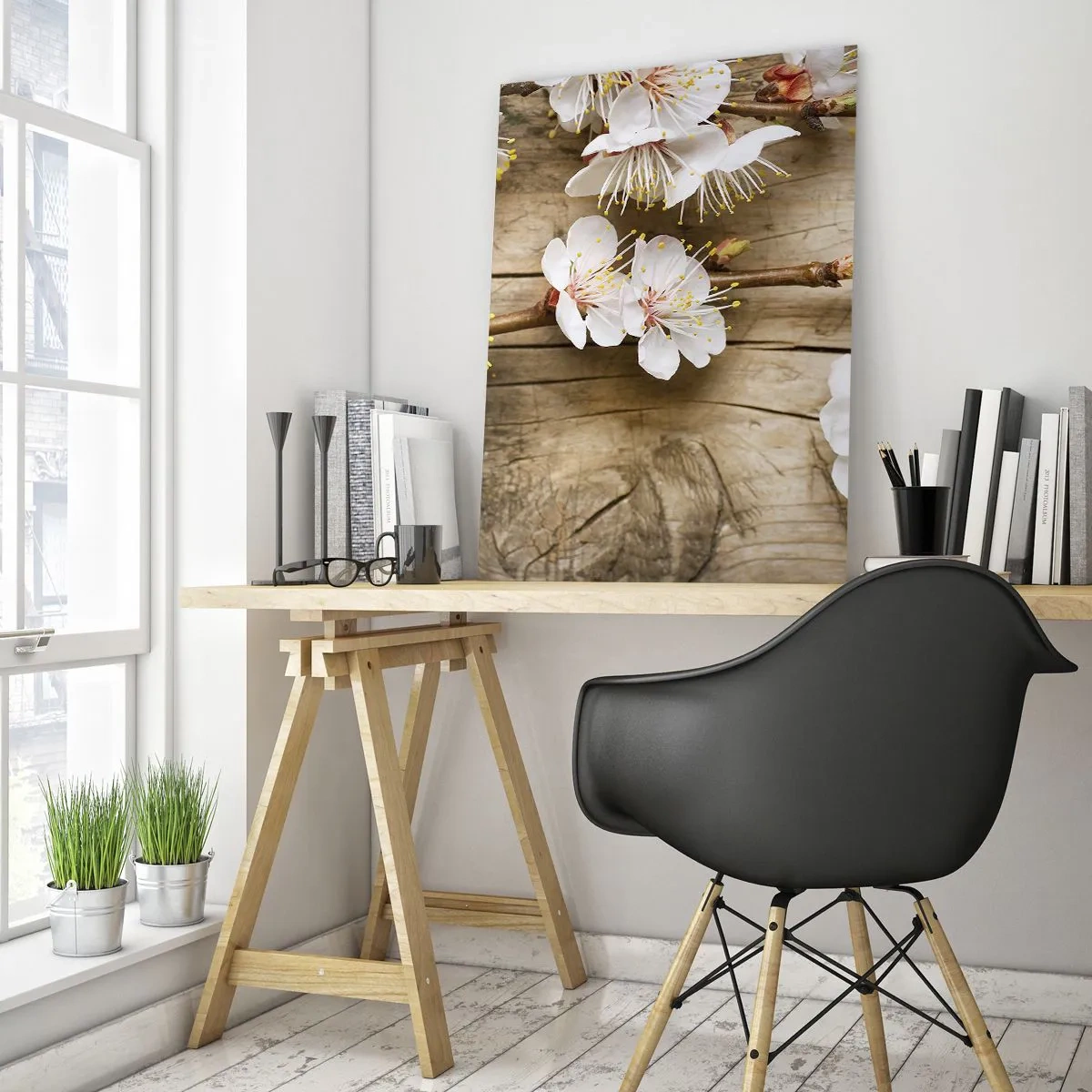 Impression sur verre - Image sur verre - Branches de cerisiers en fleurs sur fond de bois - 50x70cm - Et c'est devenu le printemps - Décoration murale moderne pour le salon et la chambre ARTTOR