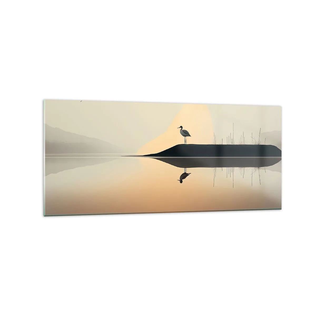 Impression sur verre - Image sur verre - Un oiseau sur une île dans un lac calme aux teintes chaudes - 120x50cm - Le seigneur du lac - Décoration murale moderne pour le salon et la chambre ARTTOR