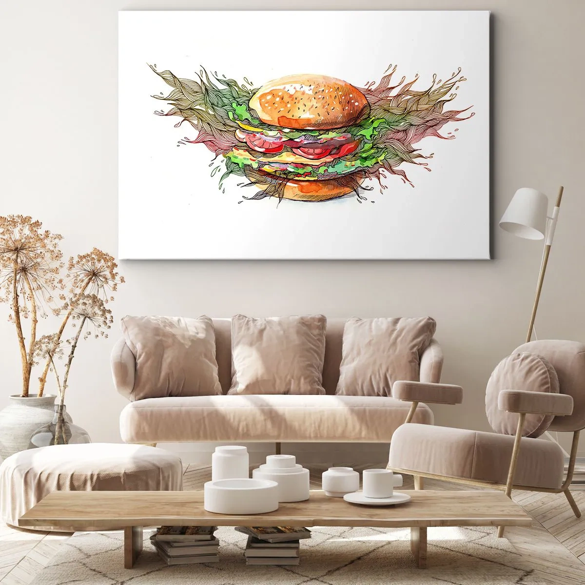 Impression sur toile - Image sur toile - Illustration artistique d'un burger avec des éléments dynamiques - 70x50cm - Tentation chaude - Décoration murale moderne pour le salon et la chambre ARTTOR
