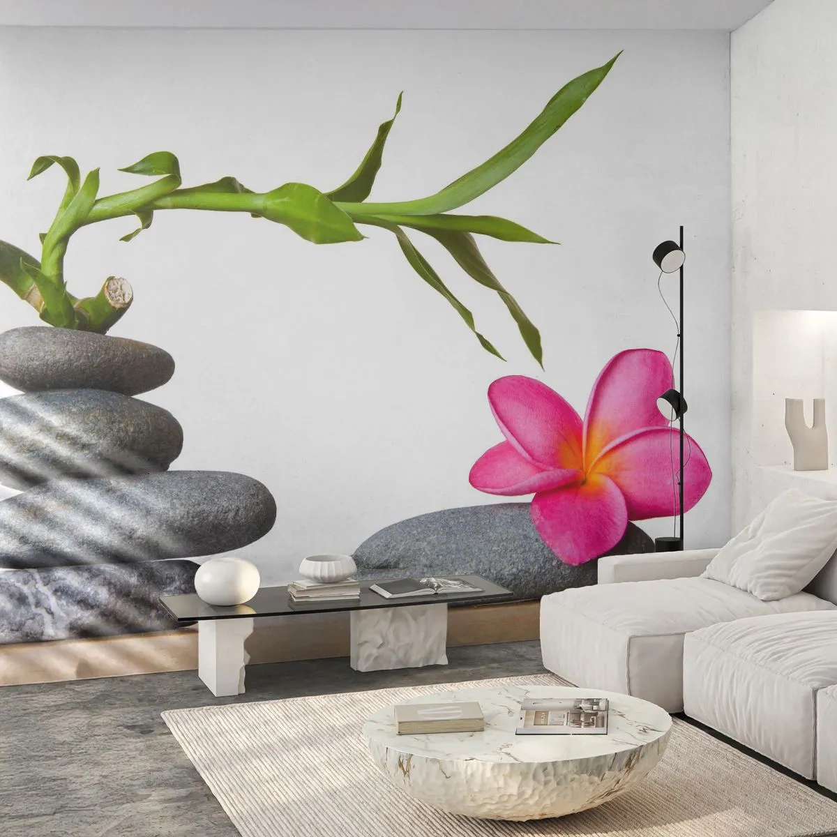 Papier Peint Photo Premium Canvas - Bambou et fleur rose sur pierres de style zen - 100x70cm - Couleurs de la vie et de la durée - Décoration murale moderne pour le salon et la chambre ARTTOR