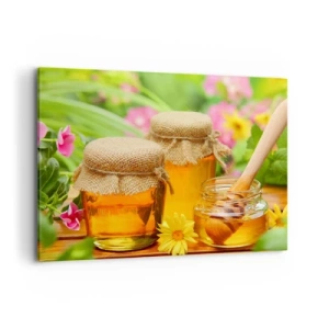 Impression sur toile - Image sur toile - Pots de miel avec des fleurs sur fond de jardin d'été - 100x70cm - Doux et fleuri - Décoration murale moderne pour le salon et la chambre ARTTOR
