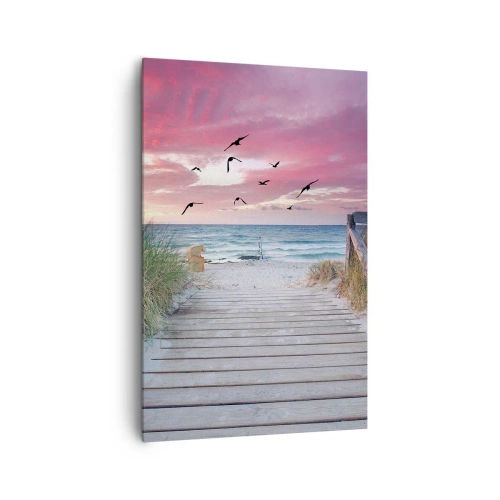 Impression sur toile - Image sur toile - Chemin en bois sur la plage au coucher du soleil rose - 80x120cm - Impression de la Baltique - Décoration murale moderne pour le salon et la chambre ARTTOR