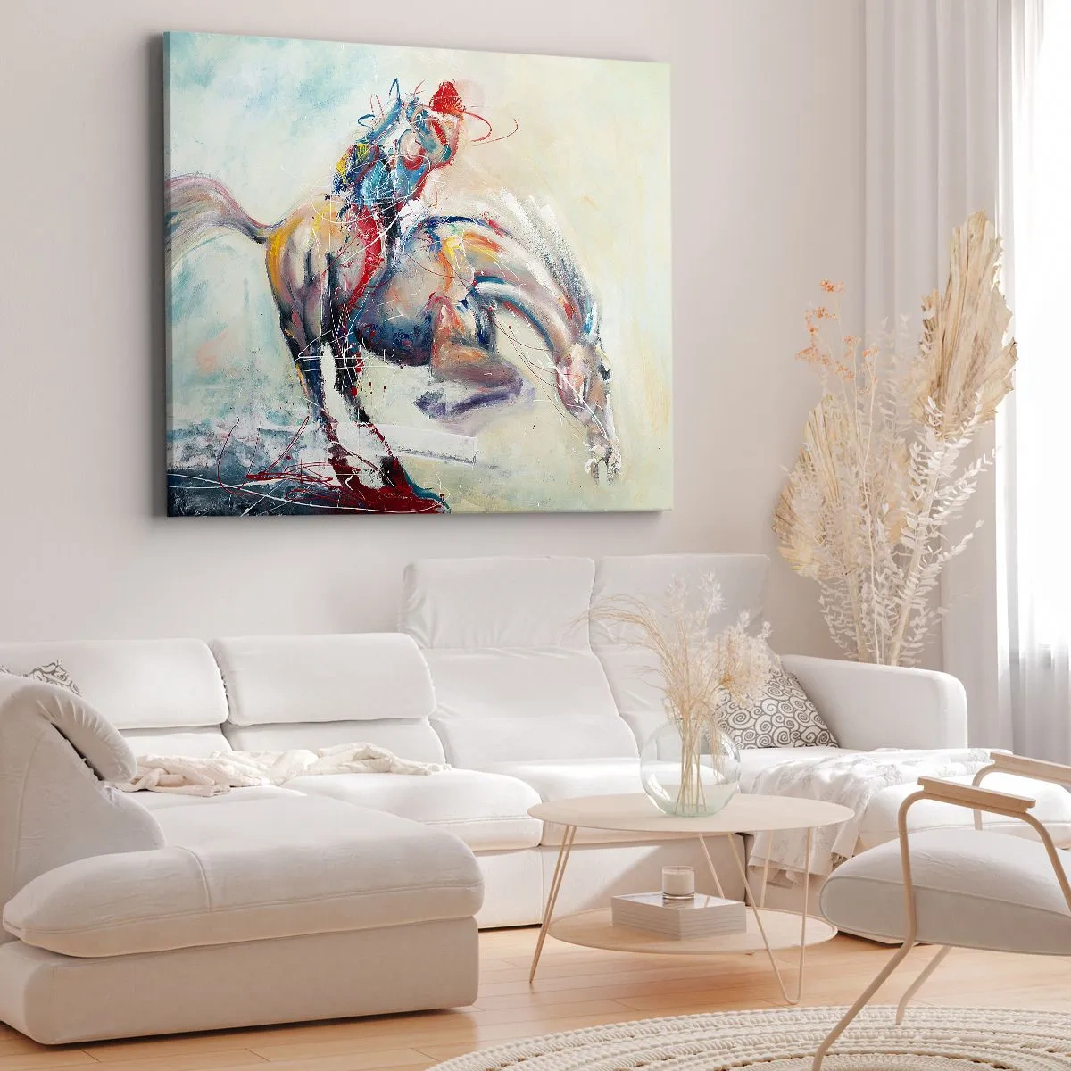 Impression sur toile - Image sur toile - Une image dynamique d'un cheval dans un style artistique abstrait. - 70x50cm - Accrochez-vous, nous décollons - Décoration murale moderne pour le salon et la chambre ARTTOR
