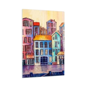 Impression sur verre - Image sur verre - Maisons colorées au bord de l'eau dans un style artistique - 80x120cm - Une ville comme dans un conte de fées - Décoration murale moderne pour le salon et la chambre ARTTOR