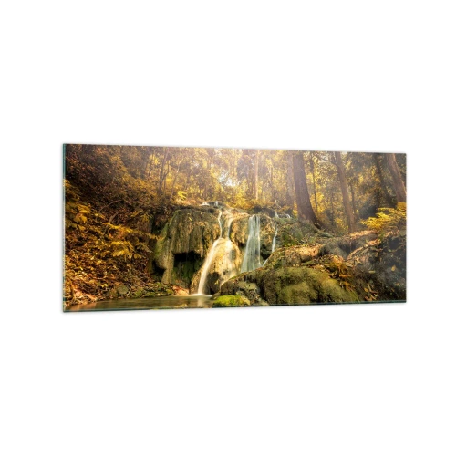 Impression sur verre - Image sur verre - Une cascade forestière sous les rayons du soleil, entourée de verdure - 120x50cm - Cascade de forêt en vert - Décoration murale moderne pour le salon et la chambre ARTTOR