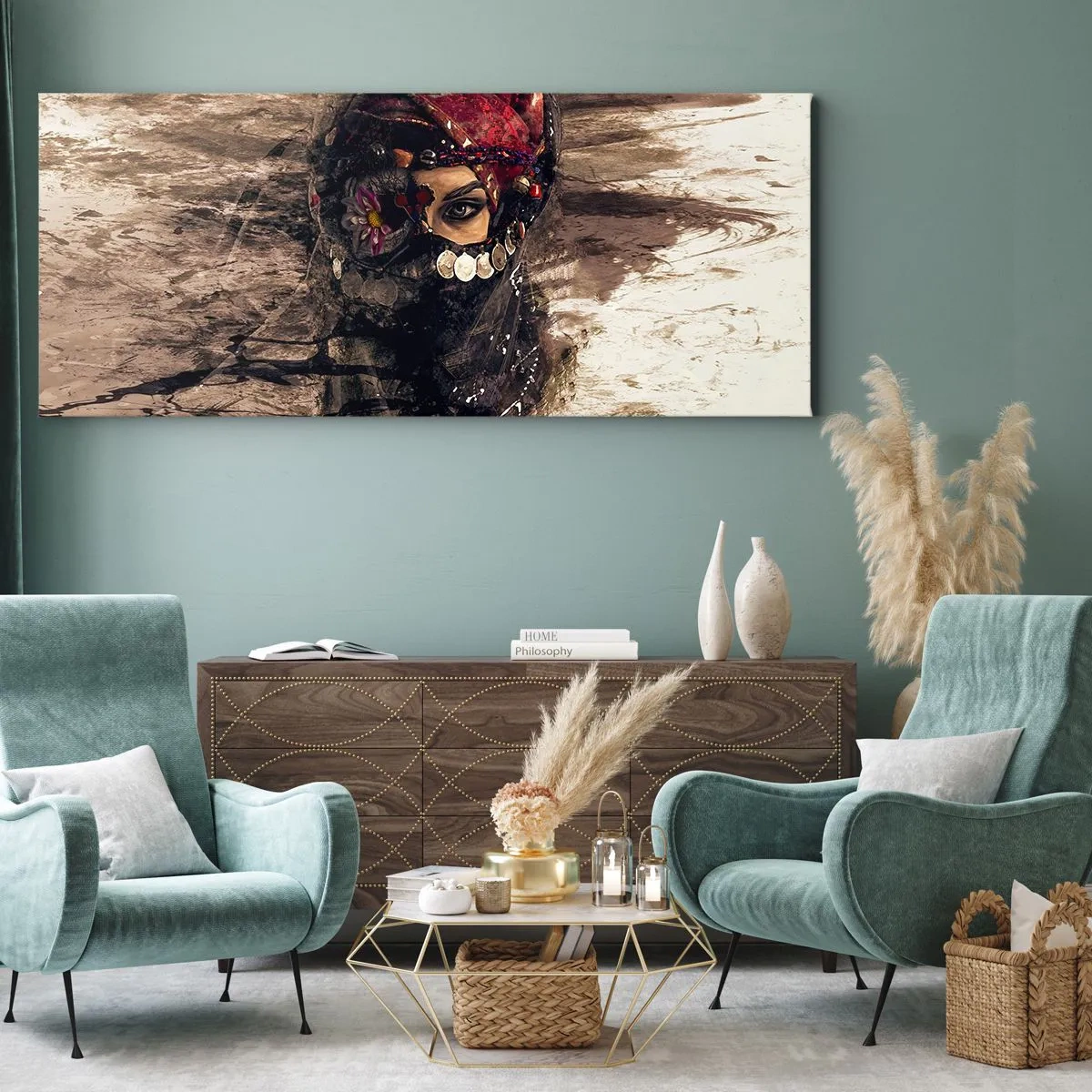 Impression sur toile - Image sur toile - Portrait artistique d'une femme en tenue orientale sur fond abstrait. - 160x50cm - Inquiétant, c'est le moins qu'on puisse dire - Décoration murale moderne pour le salon et la chambre ARTTOR