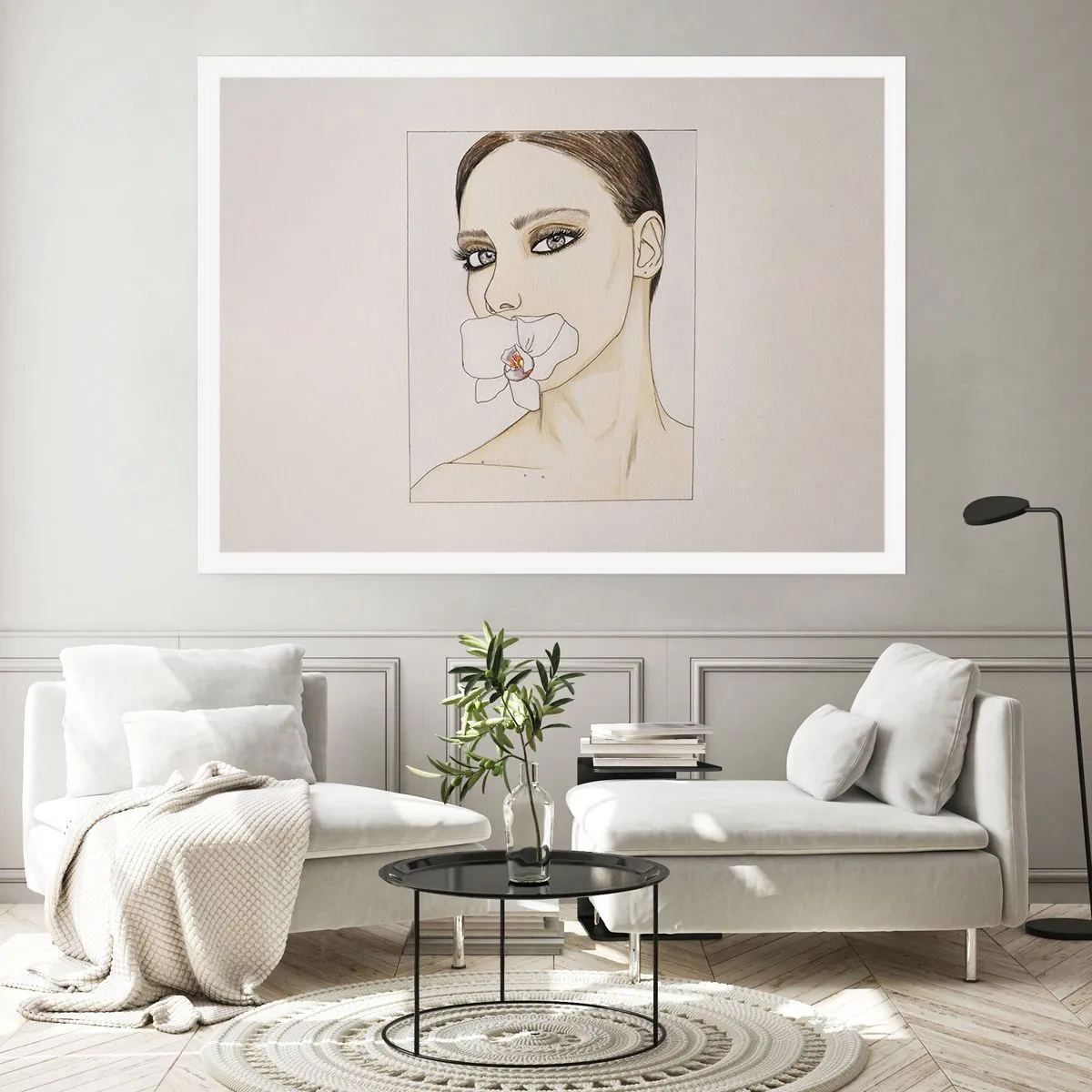 Affiche - Poster - Portrait d'une femme avec une orchidée aux couleurs délicates - 100x70cm - Symbole de l'élégance et de la beauté - Décoration murale moderne pour le salon et la chambre ARTTOR