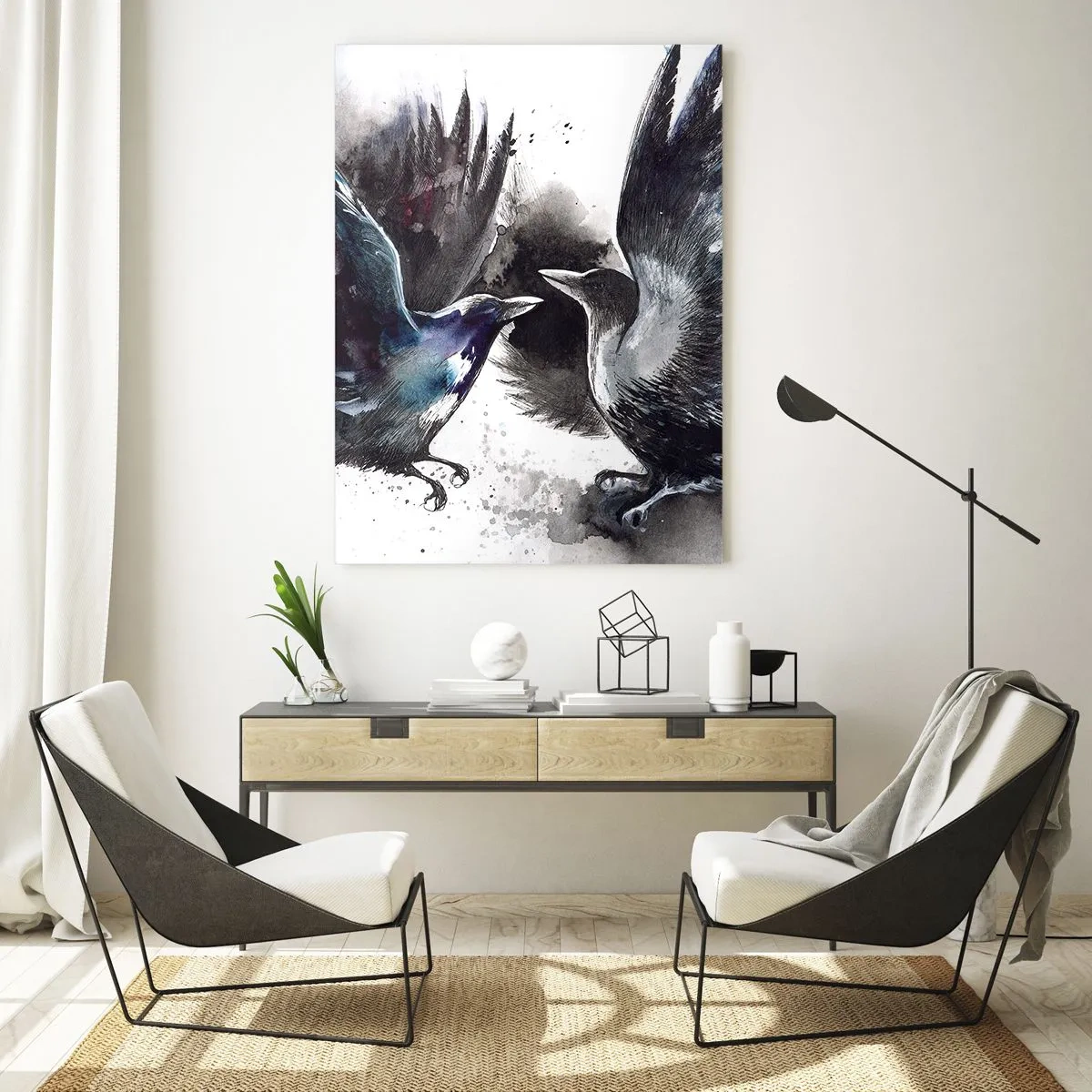 Impression sur verre - Image sur verre - Deux corbeaux dans une pose dynamique avec les ailes déployées - 50x70cm - Le corbeau des corbeaux - Décoration murale moderne pour le salon et la chambre ARTTOR