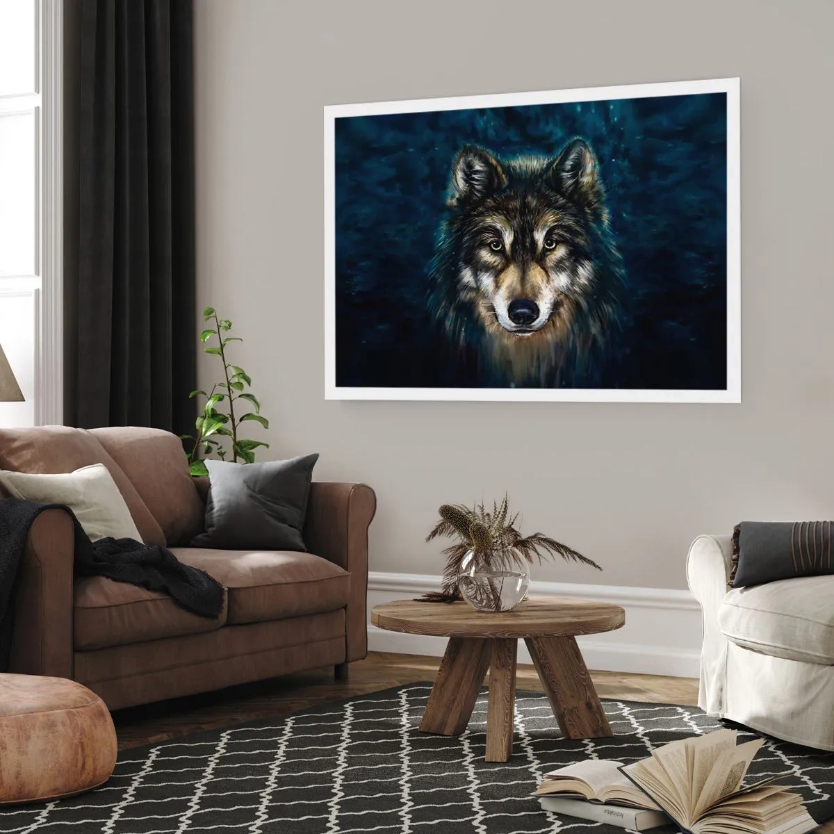 Affiche - Poster - Portrait d'un loup sur fond bleu foncé - 100x70cm - Alpha? Et oméga - Décoration murale moderne pour le salon et la chambre ARTTOR