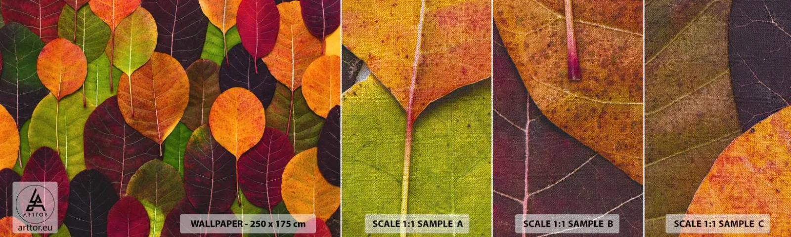 Échantillon de Papier Peint Premium Canvas - Mozaique printannière - Graphique, Feuilles colorées, Morceau - 100x30 cm