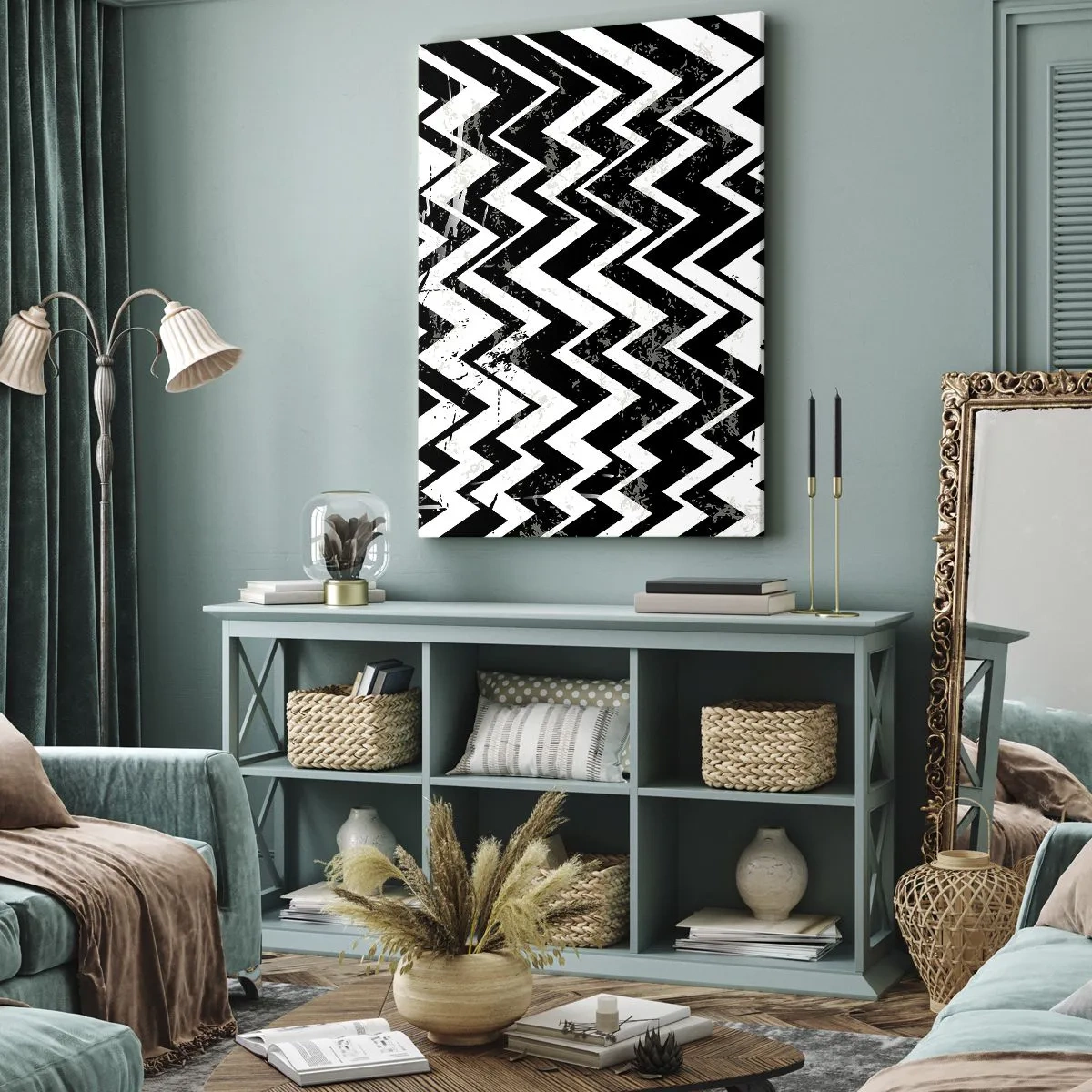 Impression sur toile - Image sur toile - Motif en zigzag noir et blanc avec abrasions artistiques - 50x70cm - Zig-blanc, zag-noir - Décoration murale moderne pour le salon et la chambre ARTTOR